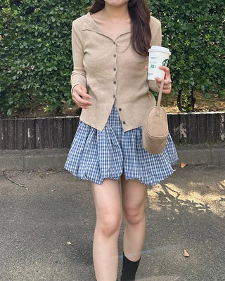 Belted check balloon mini skirt