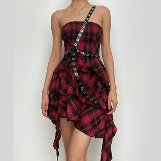 Ruffle plaid zip-up irregular one shoulder backless mini dress | victorian gothic dresses