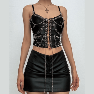 Metal chain rivet lace up PU leather cami top