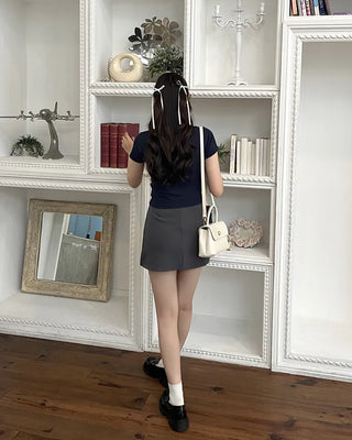 Button-down U-neck short-sleeved T-shirt