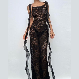 Square neck lace flower applique midi dress