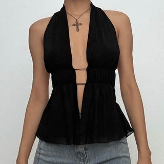 Halter deep v neck ruched backless top