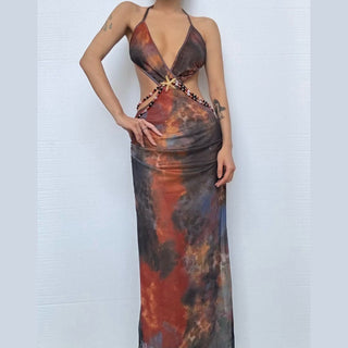 Halter beaded backless slit contrast maxi dress