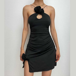 Ruched flower applique hollow out backless slit cut out mini dress