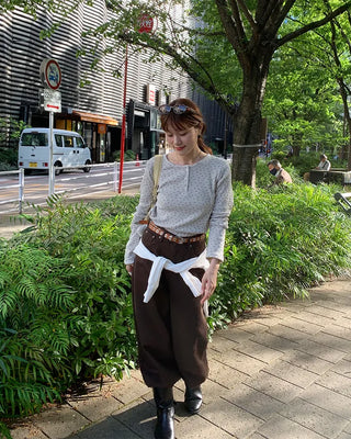 Flower Henley Neck Long T-Shirt