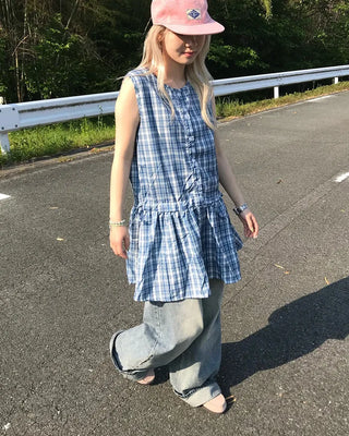 Checkered frill ribbon dress