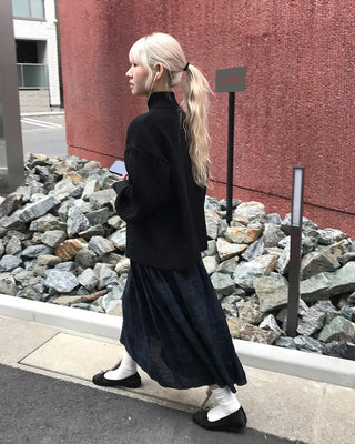 Check pattern cotton long skirt