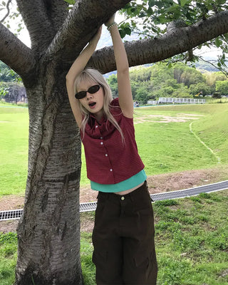 Checked shirred short-sleeved blouse