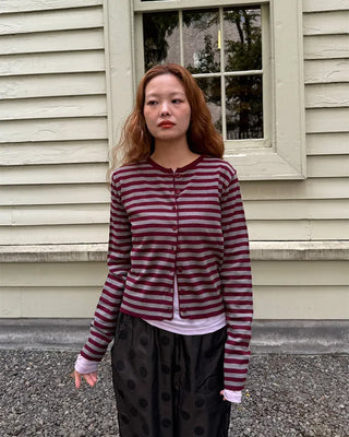 Round neck striped knit cardigan