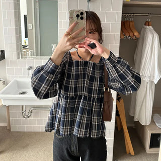 2-way check peplum blouse