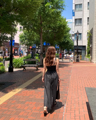 Side-tucked flared long dress