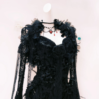 Long sleeve flower applique lace hem shrug maxi dress