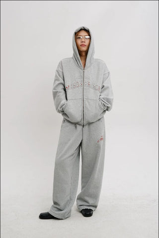[MASONPRINCE] Washed Logo Applique Zip Hoodie Set