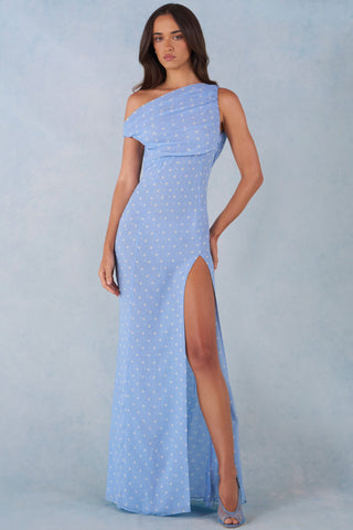 One-Shoulder Maxi Dress in Blue Polka Dot Print