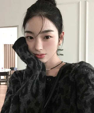 Angora Brush Leopard Knitwear Cardigan
