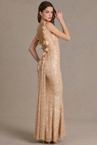 Premium Embellished Open-Back Maxi Dress in Gold