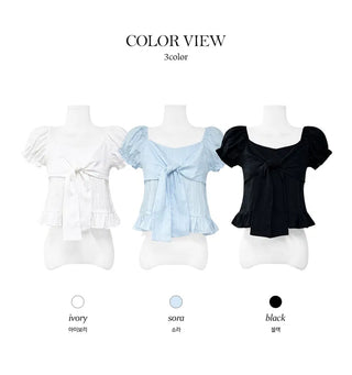 Ribbon Knot Puff Crop Blouse - 3 Colors