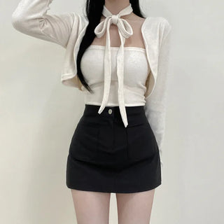 Scarf muffler knit top and cardigan set