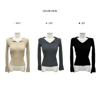 Mon Daily Collar V-Neck Long Sleeve Ribbed Knitwear - 3 Colors