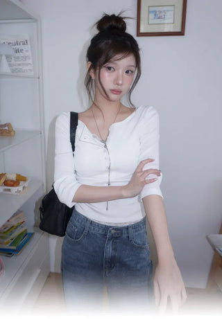 MADE MOMU BASIC Henley Neck Sleeve T-shirt - 4 colors