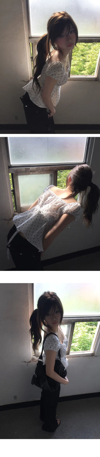 Silky Square Neck Puff Dot Blouse