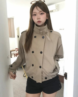 (2 colors) High-neck cropped trench coat outerwear