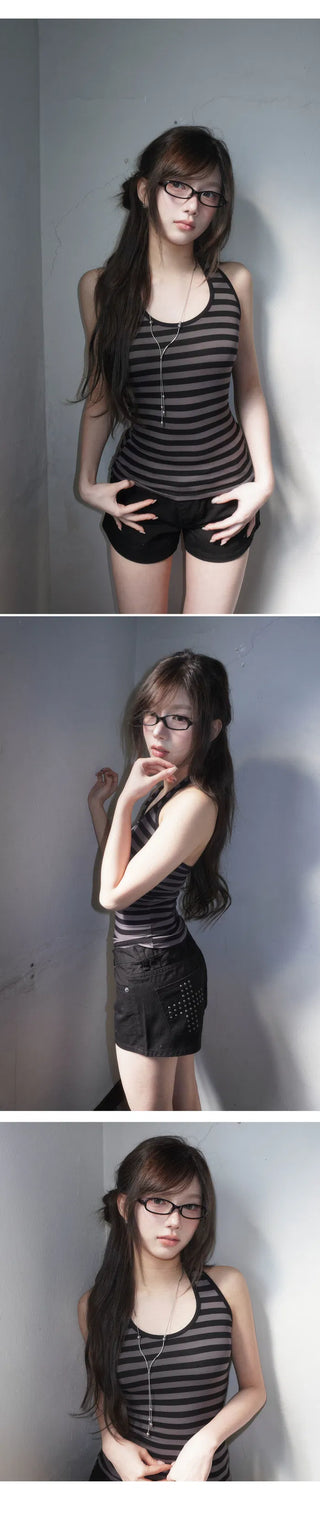 Collared/Neck Cover Striped Halter Sleeveless - 3 colors