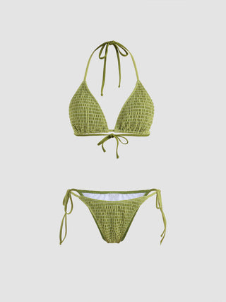 Solid Smocked Triangle Bikini Set