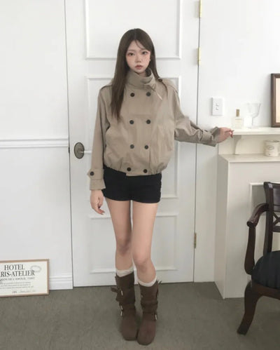 (2 colors) High-neck cropped trench coat outerwear