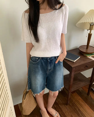 Shoulder strap slit off-shoulder summer short-sleeved knit