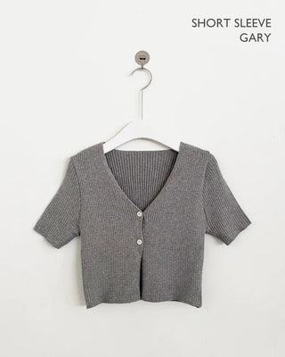 (Short-sleeved/Long-sleeved) Pastel Cropped V-neck Slim Button Ribbed Cardigan