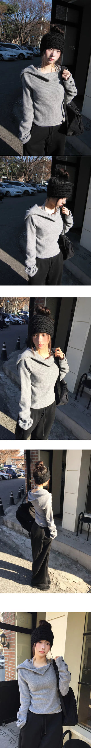 Curling Button Hood Button Knitwear Ribbed Hoodie - 4 colors