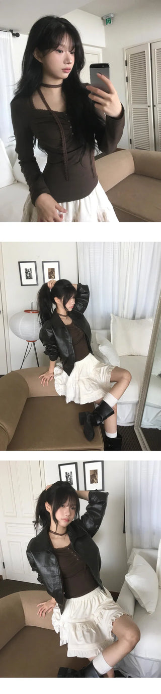 Shirring bean button long sleeve t-shirt - 4 colors
