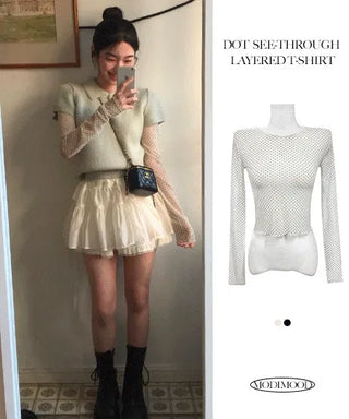 Tutu Small Dot Layered See-Through Long Sleeve T-Shirt - 2 Colors