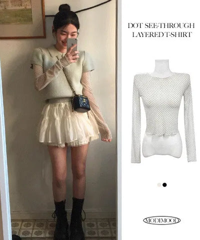 Tutu Small Dot Layered See-Through Long Sleeve T-Shirt - 2 Colors