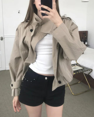 (2 colors) High-neck cropped trench coat outerwear