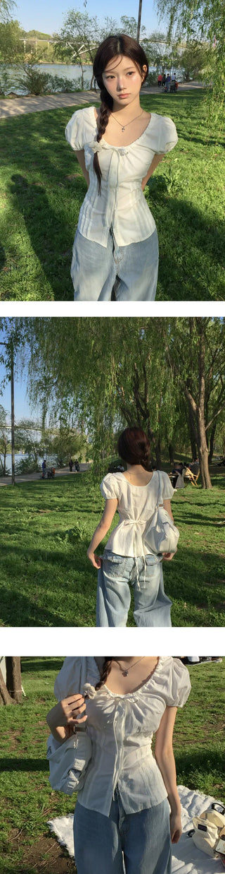 Picnic Ribbon Round Puff Pintuck Blouse - 2 Colors