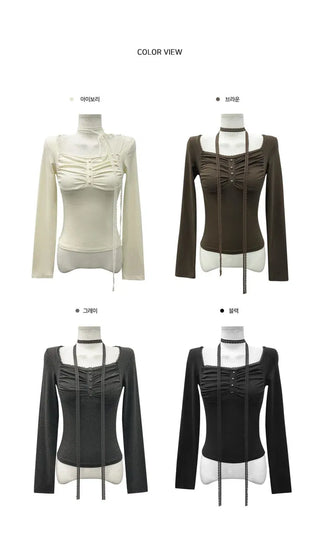 Shirring bean button long sleeve t-shirt - 4 colors
