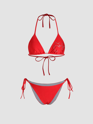 12 Zodiac Signs Rhinestone Halter Triangle Bikini Swimsuit