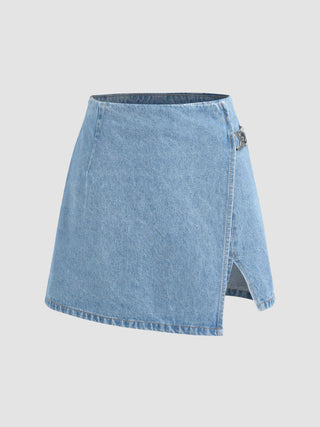 Denim Mid Waist Split Mini Skort