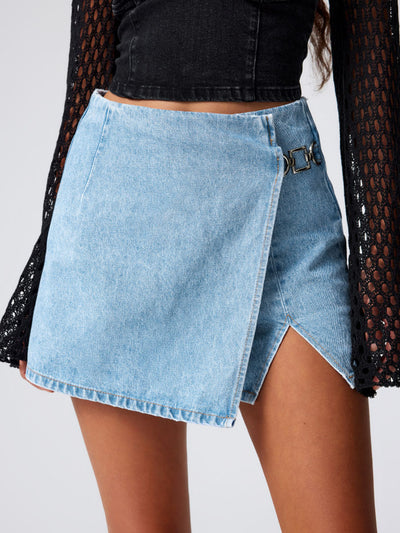 Denim Mid Waist Split Mini Skort