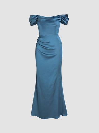 Satin Sculptural Ruched Off-shoulder Mermaid Maxi Dress