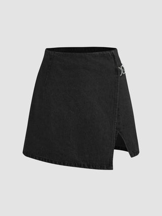 Denim Mid Waist Split Mini Skort