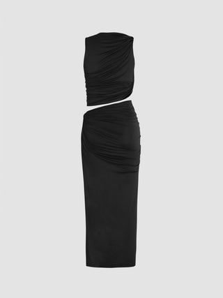 Knit Fabric Knotted Ruched Crop Tank Top & Maxi Skirt Set For Daily Casual Coffee Shop