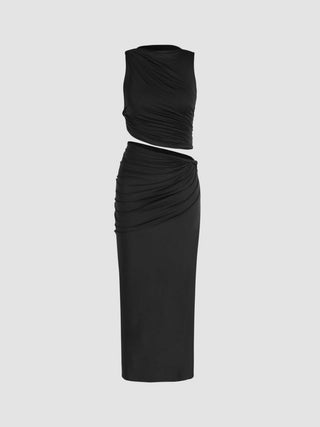 Knit Fabric Knotted Ruched Crop Tank Top & Maxi Skirt Set For Daily Casual Coffee Shop