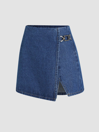 Denim Mid Waist Split Mini Skort