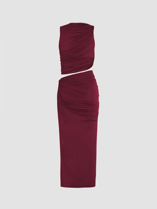 Knit Fabric Knotted Ruched Crop Tank Top & Maxi Skirt Set For Daily Casual Coffee Shop