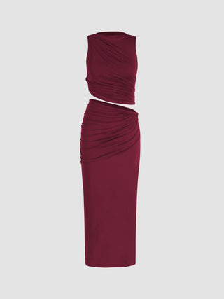 Knit Fabric Knotted Ruched Crop Tank Top & Maxi Skirt Set For Daily Casual Coffee Shop
