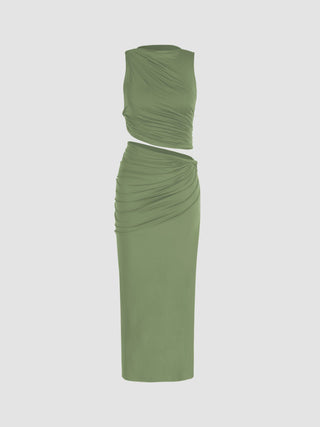 Knit Fabric Knotted Ruched Crop Tank Top & Maxi Skirt Set For Daily Casual Coffee Shop