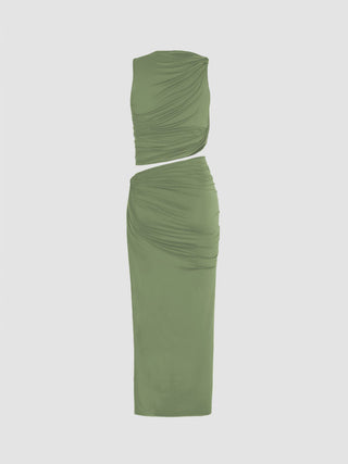 Knit Fabric Knotted Ruched Crop Tank Top & Maxi Skirt Set For Daily Casual Coffee Shop